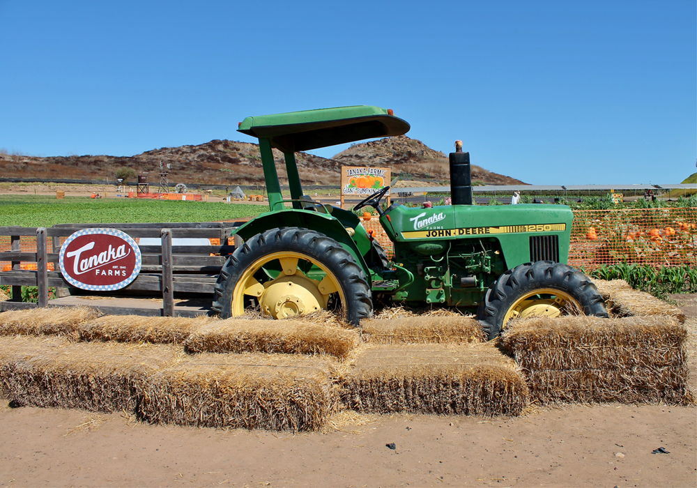 Green tractor at Tanaka Farms in Irvine.