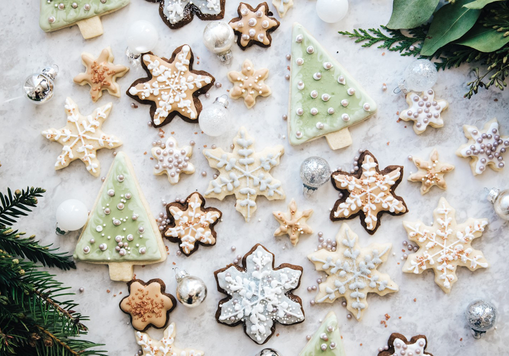 Christmas tree and snowflake-shaped holiday sugar cookies