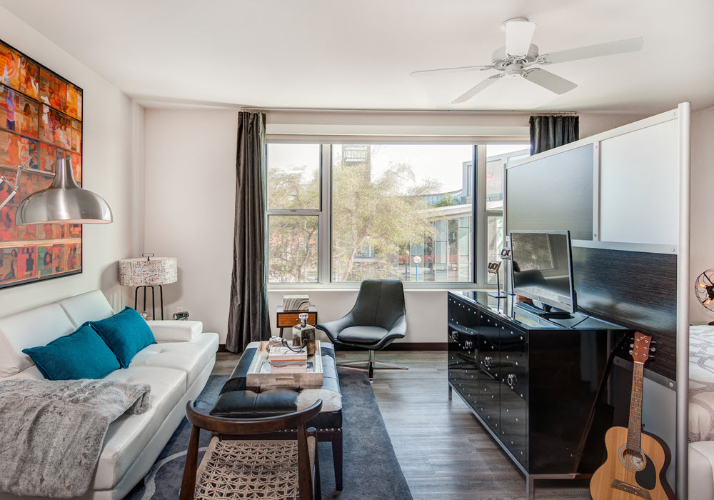 Staged studio apartment with room dividers.