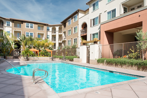Outdoor swimming pool area with lush landscaping.